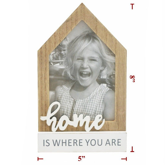 "Home Is Where You Are" picture frame with a wood border in the shape of a home