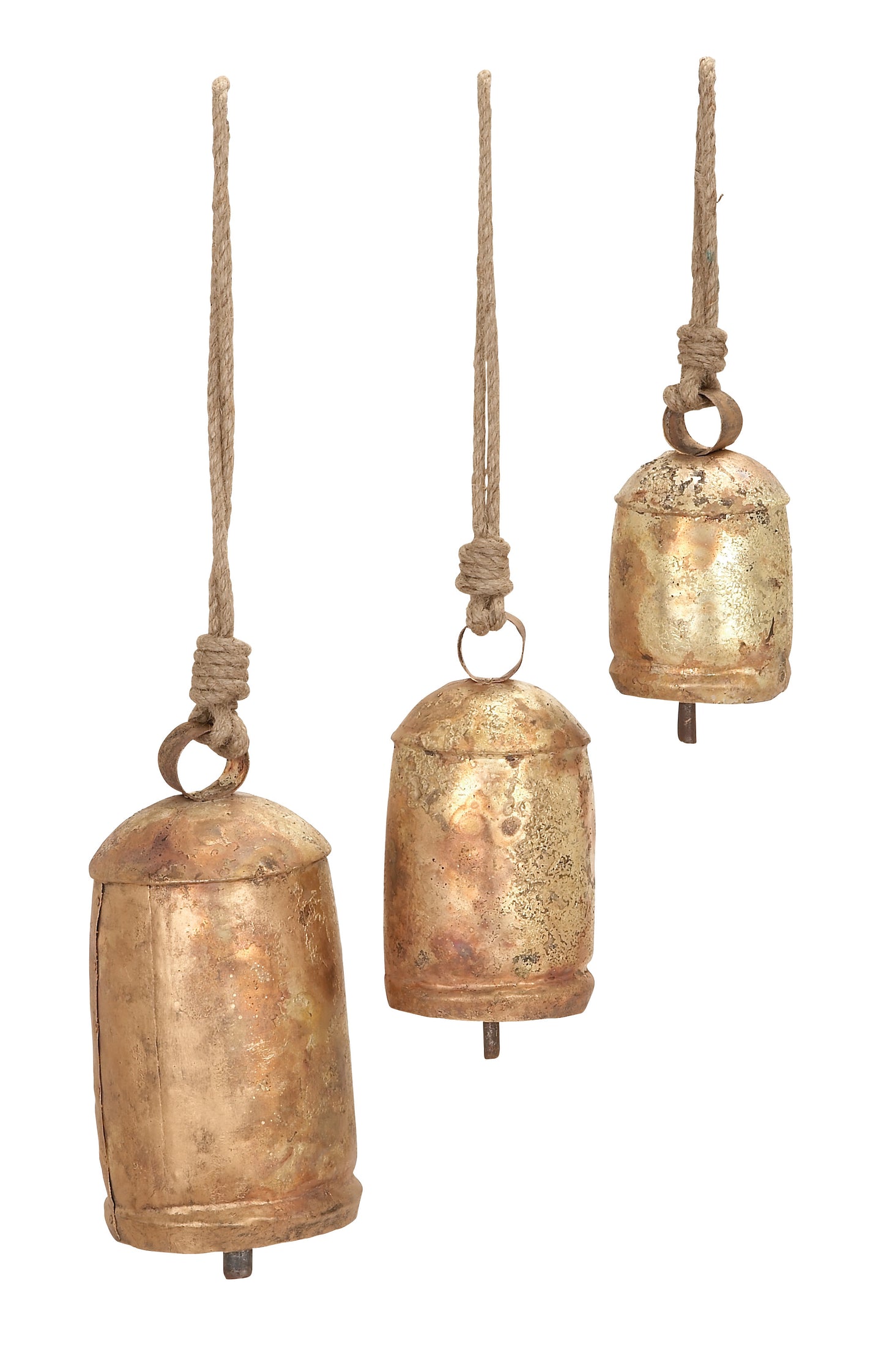 Decorative gold set of 3 cow bells hanging with jute rope