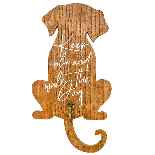 "Keep Calm And Walk The Dog" wood dog-shaped leash holder with metal hook
