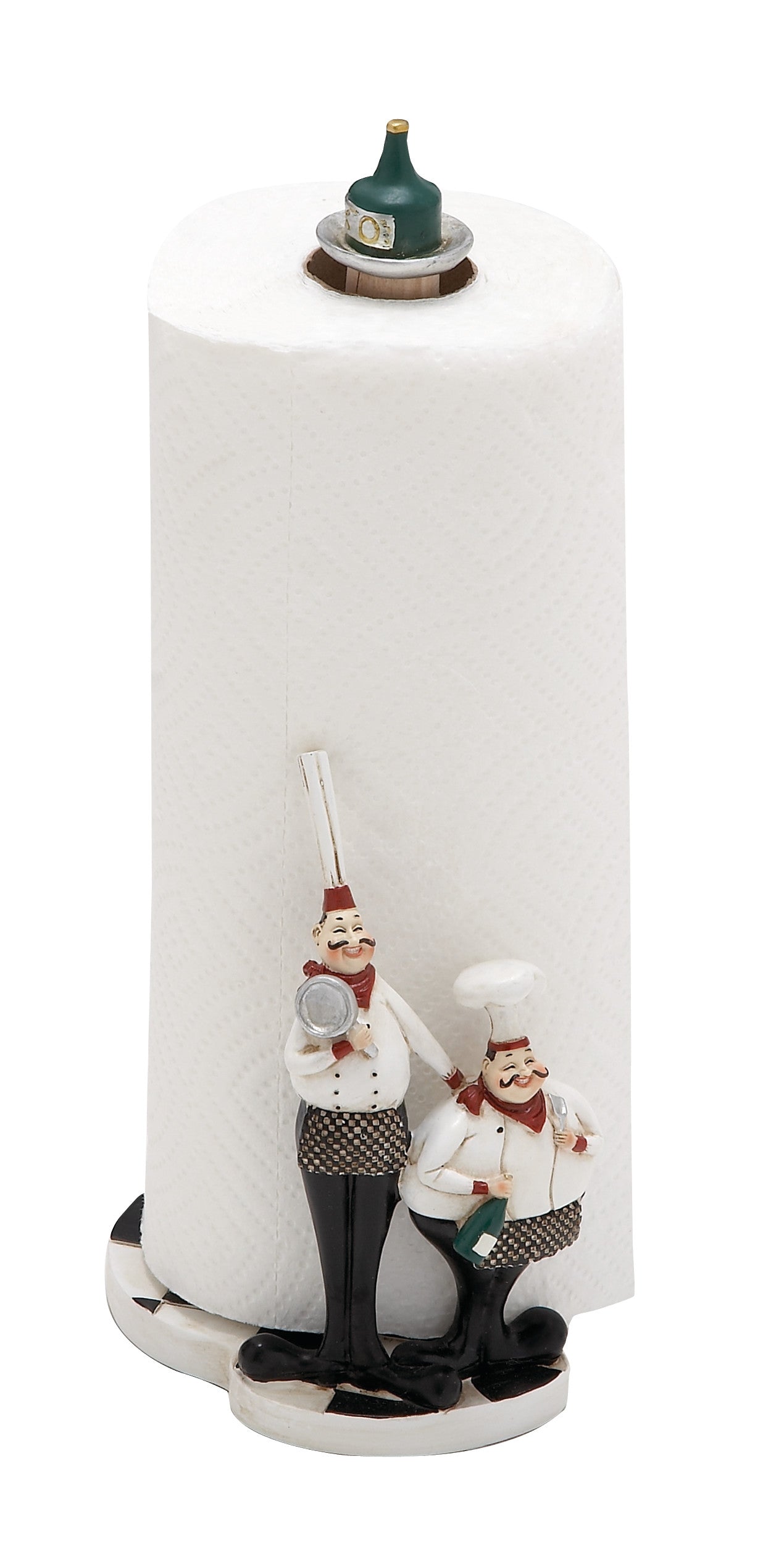 Smiling chefs on black and white checkered paper towel holder