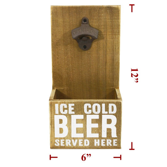 Wood and cast iron bottle opener with the words "Ice Cold Beer Served Here"