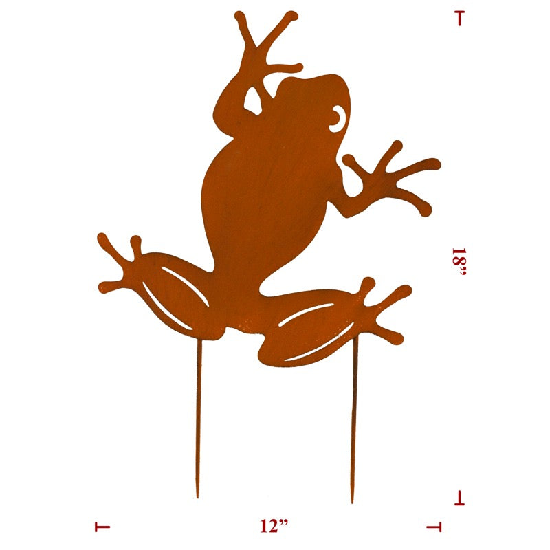 Rust-colored metal frog stake