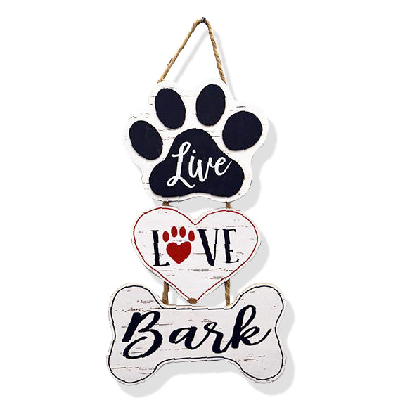 Three connected hanging signs on jute rope with a dog paw, heart and dog bone reading "live, love bark"