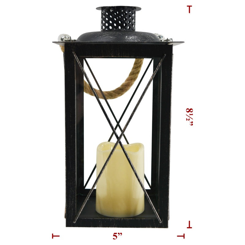 Black metal lantern with crossbar and attached rope