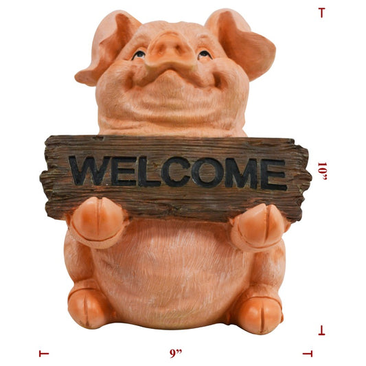 Smiling pig holding a wooden welcome sign