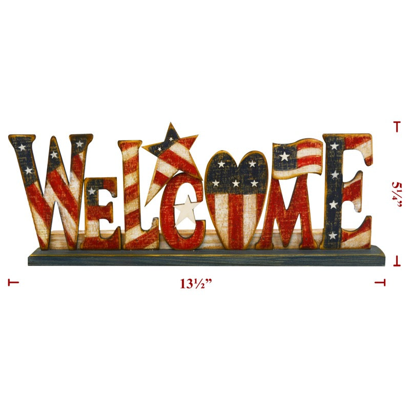 Welcome sitting sign with American flag colors