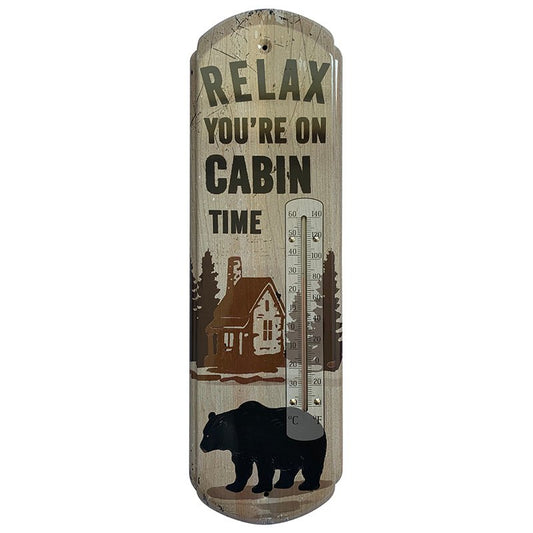 "Relax You're On Cabin Time" metal sign with thermometer, a bear and cabin
