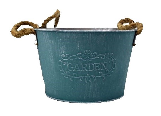 Teal round metal planter with rope handles