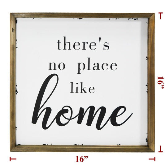"There's No Place Like Home" wood sign with a white background and black writing